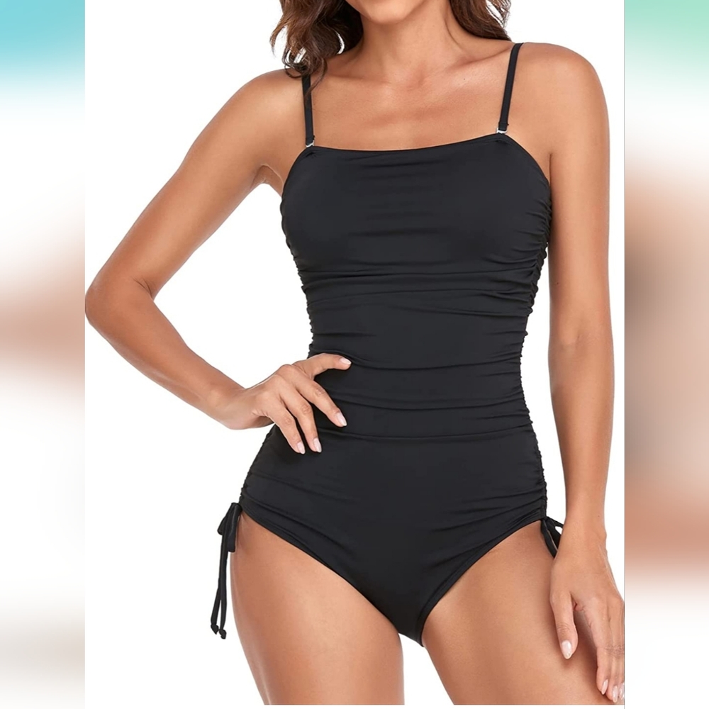 Women One Piece Tummy Control Ruched Bandeau Bathing Suit Padded Push Up